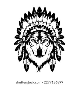 A collection of Hand drawn illustrations featuring a wolf wearing Indian chief head accessories. The designs are black and white and showcase the wolf with feathers, headdress, and tribal adornments