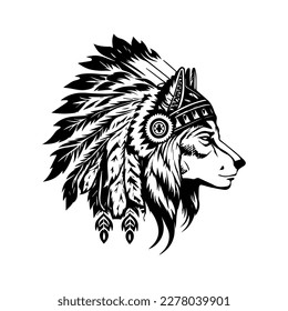 A collection of Hand drawn illustrations featuring a wolf wearing Indian chief head accessories. The designs are black and white and showcase the wolf with feathers, headdress, and tribal adornments