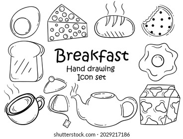 a collection of hand drawn illustrations of food on a breakfast theme, on a white background