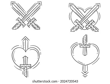una colección de ilustraciones del corazón y la espada y un corazón perforado por una espada