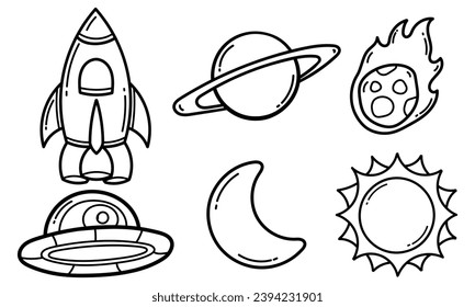 collection of hand drawn illustrations with a space theme on a white background