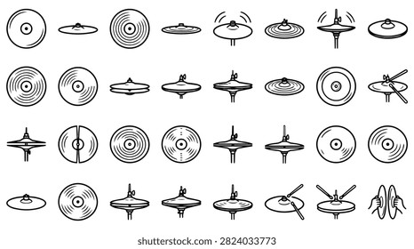 A collection of hand drawn illustrations of various cymbals and drumsticks in different positions and styles.