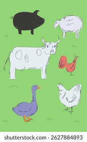 Collection of hand drawn images of domestic animals.