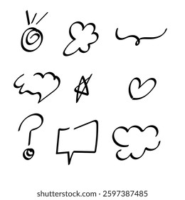 Collection of hand drawn images in various shapes,. Simple line doodles. Vector illustrations.