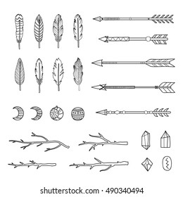 Collection of hand drawn indian boho feathers, arrows, twigs and crystals isolated on white background. Can be used for wedding invitations, prints, coloring books for adults.