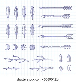 Collection of hand drawn indian boho feathers, arrows, twigs and crystals isolated on graph paper background. Can be used for wedding invitations, prints, coloring books for adults.