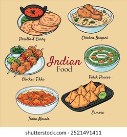 Colección de cocina india dibujada a mano Ilustración vectorial de alimentos Panel de palak, Parotta, Samosa, Tikka Masala, Pollo Tikka y Pollo Biryani 