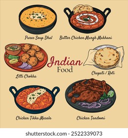 Coleção de cozinha indiana desenhada à mão ilustração vetor de comida frango Tandoori, frango de manteiga Makhani, puro Dhal, Roti Chapati e Tikka Masala