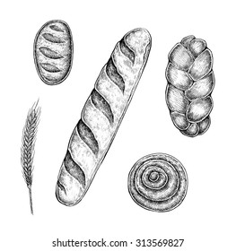 Collection of hand drawn ink bakery sketches