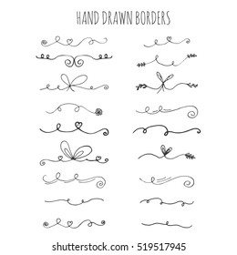 Collection of hand drawn ink borders. Cute and unique swirls, dividers for your design. Isolated vector elements.