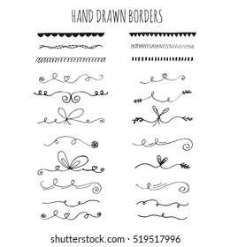 Collection of hand drawn ink borders. Cute and unique swirls, dividers for your design. Isolated vector elements.