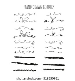 Collection of hand drawn ink borders. Cute and unique swirls, dividers for your design. Isolated vector elements.