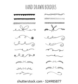 Collection of hand drawn ink borders. Cute and unique swirls, dividers for your design. Isolated vector elements.