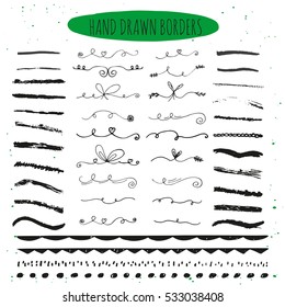 Collection of hand drawn ink borders. Cute and unique swirls, dividers for your design. Isolated vector elements.