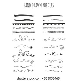 Collection of hand drawn ink borders. Cute and unique swirls, dividers for your design. Isolated vector elements.