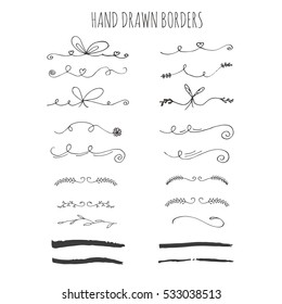 Collection of hand drawn ink borders. Cute and unique swirls, dividers for your design. Isolated vector elements.