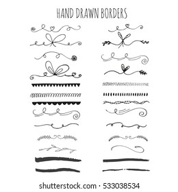 Collection of hand drawn ink borders. Cute and unique swirls, dividers for your design. Isolated vector elements.