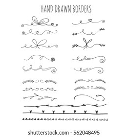 Collection of hand drawn ink borders. Cute and unique swirls, dividers for your design. Isolated vector elements. Perfect for valentines day card and wedding invitation. 