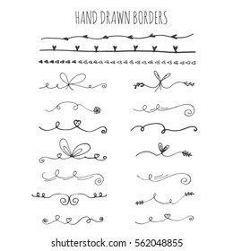 Collection of hand drawn ink borders. Cute and unique swirls, dividers for your design. Isolated vector elements. Perfect for valentines day card and wedding invitation. 