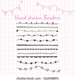 Collection of hand drawn ink borders. Cute and unique swirls, dividers for your design. Isolated vector elements. Perfect for valentines day card and wedding invitation. 