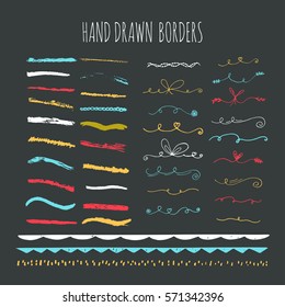 Collection of hand drawn ink borders. Cute and unique swirls, dividers for your design. Isolated vector elements.