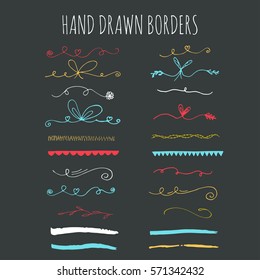Collection of hand drawn ink borders. Cute and unique swirls, dividers for your design. Isolated vector elements.