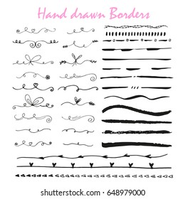 Collection of hand drawn ink borders for card, invitation. Cute and unique swirls, dividers for your stylish wedding or birthday design. Isolated vector elements.
