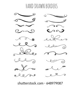 Collection of hand drawn ink borders for card, invitation. Cute and unique swirls, dividers for your stylish wedding or birthday design. Isolated vector elements.