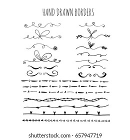 Collection of hand drawn ink borders for card, invitation. Cute and unique swirls, dividers for your stylish wedding or birthday design. Isolated vector elements.