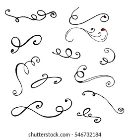 Collection of hand drawn ink curls. Cute and unique swirls, dividers for your design. Isolated vector elements.
