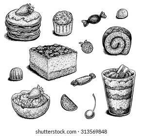 Collection of hand drawn ink desserts.