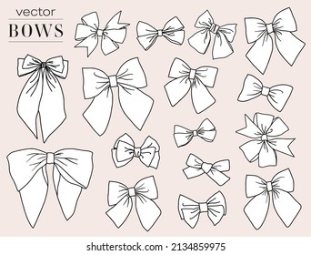Collection of hand drawn isolated bows. Doodled, vector decorative cad ribbon bundle. 
