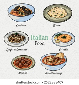 Collection of hand drawn Italian food Cacciucco, meatballs, Cotoletta, Minestrone soup and Risotto