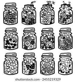 A collection of hand drawn jars containing infused water with mixed fresh fruits Each jar uniquely displays a variety of fruits and decorative elements
