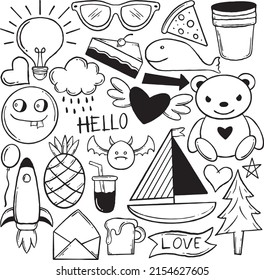 collection hand drawn kids doodle illustration for stickers poster etc