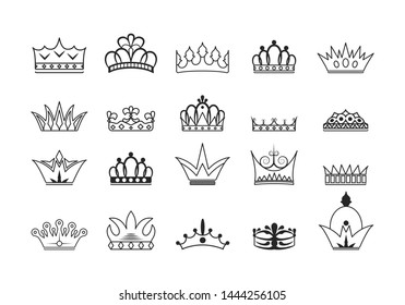 Collection hand drawn kings and queens crown outlines. Vintage royal heraldic symbols. Imperial diadem icons.