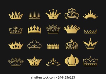 Collection hand drawn kings and queens golden crown outlines and silhouettes. Vintage gold royal heraldic symbols. Imperial diadem icons.