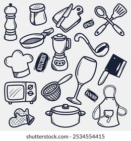 collection of hand drawn kitchen elements