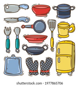 Collection of hand drawn kitchen equipment cartoon doodle style