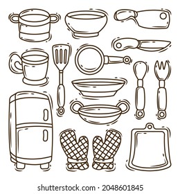 Colección de equipos de cocina dibujados a mano coloreado estilo doodle de dibujos animados