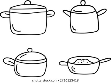 Colección de ollas y sartenes de cocina dibujadas a mano, concepto de utensilios de cocina