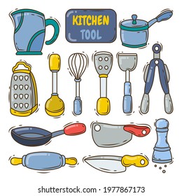 Collection of hand drawn kitchen tool cartoon doodle style