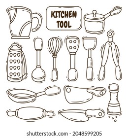 Collection of hand drawn kitchen tool cartoon doodle style coloring