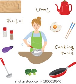 Collection of hand drawn kitchen utensils and a woman cooking