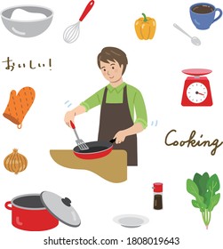 Collection of hand drawn kitchen utensils and a man cooking