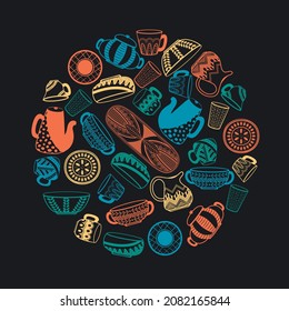 Collection of hand drawn kitchen utensils and utensils. Contour outline of multi-colored utensils against the background of the chalkboard. Doodle culinary equipment in the shape of a circle