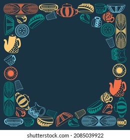 Collection of hand drawn kitchen utensils and utensils. The contour outline of multi-colored crockery against the background of the chalkboard. A frame made of culinary tools with an empty circle 