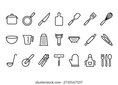 Collection of hand drawn kitchen utensils and cooking tools