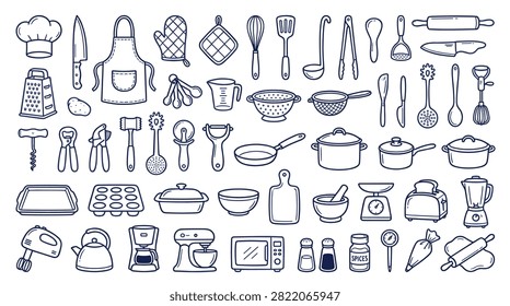 Collection of hand drawn kitchen utensils and cooking tools in doodle style. includes appliances, bakeware, and various implements for preparing food. perfect for recipe books, kitchen decor, or culinary designs on white background.