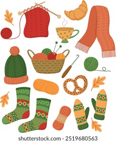Collection of hand drawn knitting tools, knitted clothes, cup of tea  and baking. Cute autumn vibe concept	